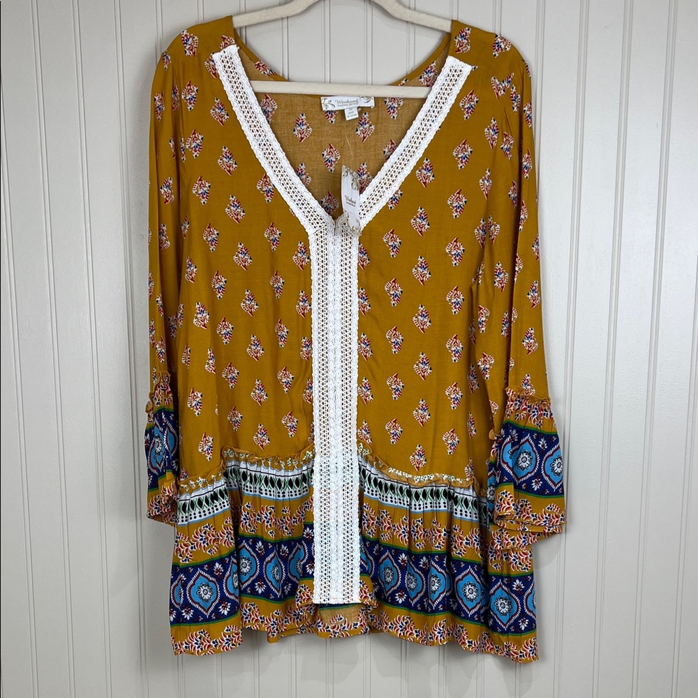 NWT Weekend Suzanne Betro Arabesque Lace Trim V-Neck Tunic Boho Size Medium